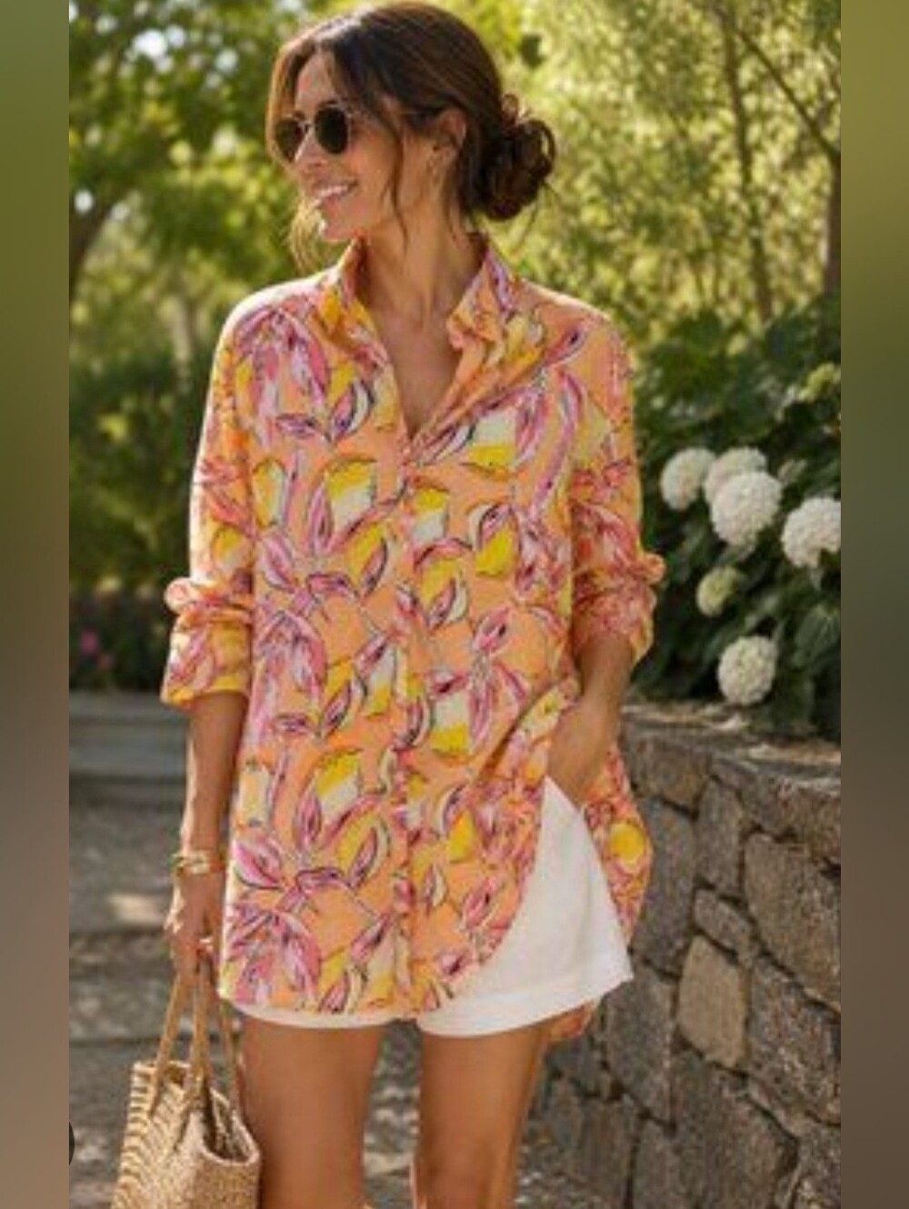 Isaac Mizrahi Women’s 100% Linen Pink & Yellow Button Up Shirt Size M